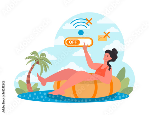 Summer holiday concept. Woman floating on inflatable circle. Character relaxing