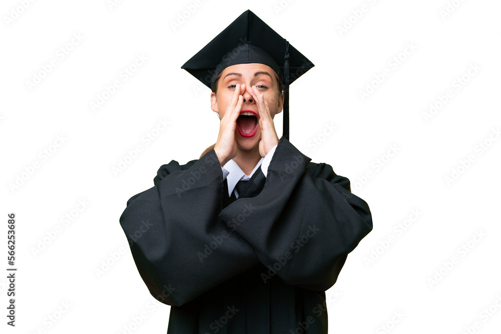 Young university graduate caucasian woman over isolated background shouting and announcing something Young university graduate caucasian woman over isolated background shouting and announcing something