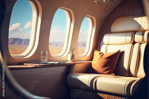 Interior of luxurious private jet with leather seats. Generative Ai photo