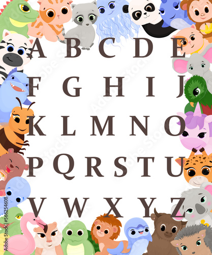 Alphabet with cartoon animals around the edges, frame, children's alphabet, illustration for children, vector