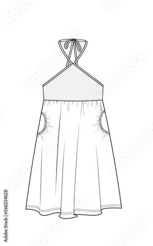woman off shoulders sleeveless halter neck rib knit summer dress technical drawing vector,shirred pocket