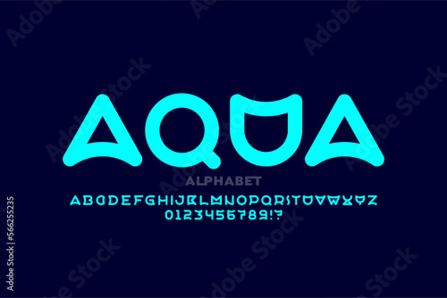 Aqua style font, alphabet letters and numbers vector illustration