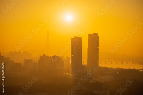 Seoul Subway and Lotte Tower at Night  In winter  the weather is cool and the sea is frozen. South korea