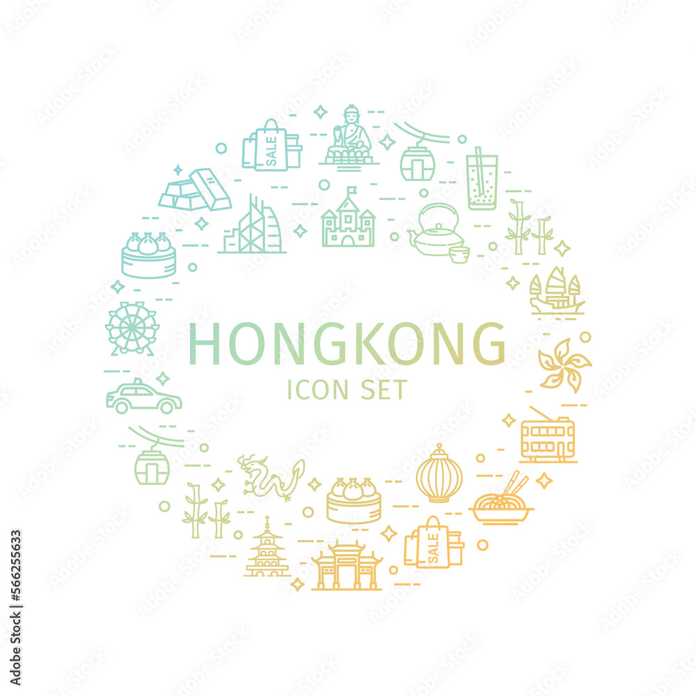 Hong Kong Travel and Tourism Round Design Template Thin Line Icon Concept for Promotion, Marketing and Advertising. Vector illustration