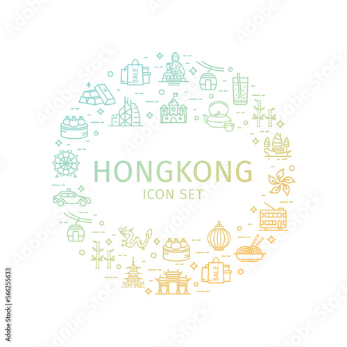 Hong Kong Travel and Tourism Round Design Template Thin Line Icon Concept for Promotion, Marketing and Advertising. Vector illustration