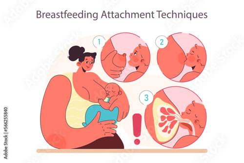 Breast attachment technique. Mother holding and breastfeeding her little