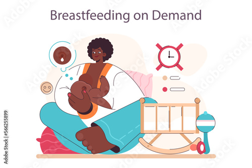 Mother feeding her newborn baby on demand. Breastfeeding position