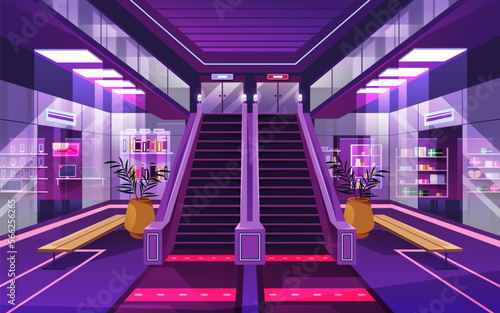 Mall or supermarket aisle with escalator. Vector