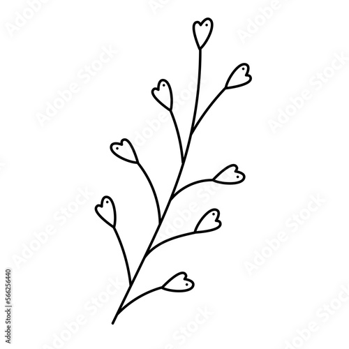 Branch doodle abstract with hearts. Hand drawn outline vector illustration.