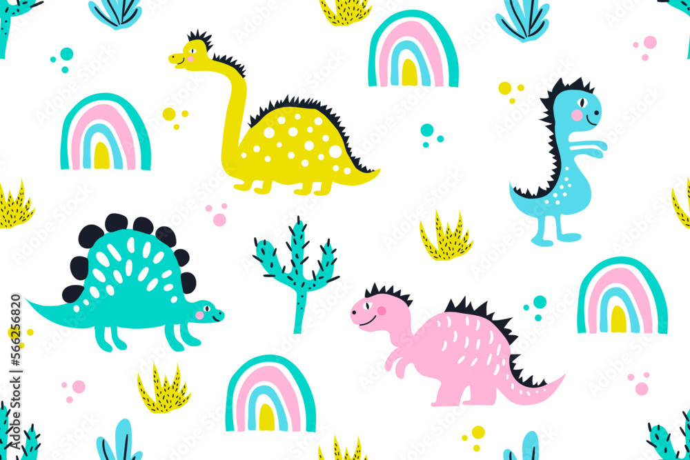Childish seamless pattern with hand drawn dinosaurs and rainbows. Creative vector childish background for fabric, textile, nursery wallpaper. Vector Illustration. Childish seamless pattern with hand drawn dinosaurs and rainbows. Creative vector childish background for fabric, textile, nursery wallpaper. Vector Illustration.