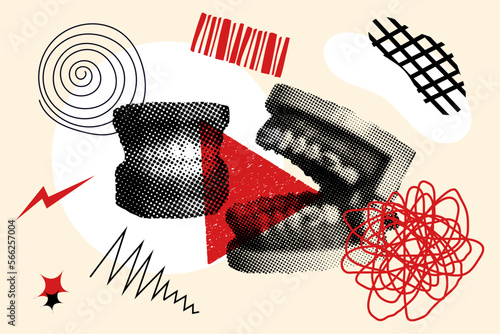 Jaw joint with abstract shapes, human teeth and red white elements. Modern concept art poster, collage of contemporary art. Poster, t-shirt composition, hand drawn style print.