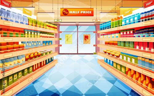 Supermarket, shop, store indoor view,Vector image