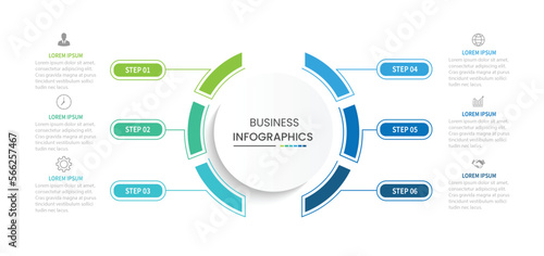 Business infographic template. Circle creative element design with marketing icons. Vector illustration 6 Step.