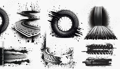 Marks and dirt. Drag racing, drift, ралли, мотокросс, off-road and other. Car tires print, grunge off road wheels marks. Bike or truck wheel protector trails. Vector illustration