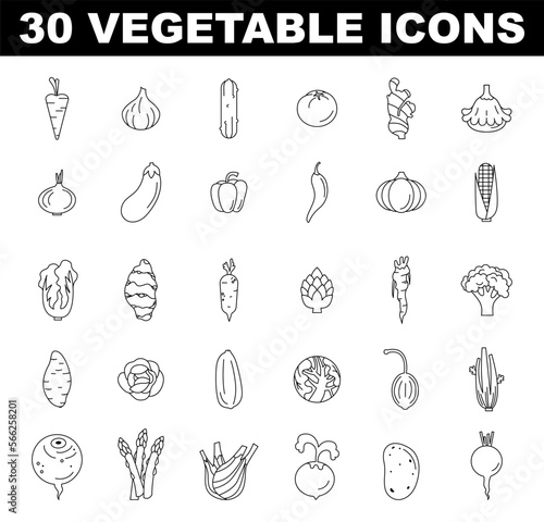 Vegetables black and white icons set. Simple line symbol of fresh