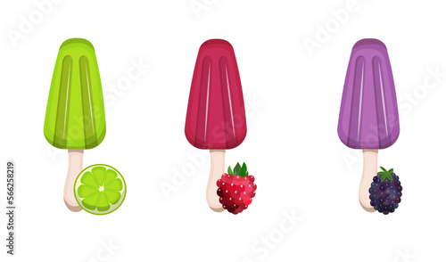 Mexican Paletas ice cream made with fruit and berry slices. Сool summer dessert of Latin American cuisine. Frozen fruit juice. Vector illustration. Cartoon.