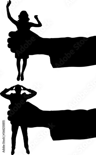Silhouette of a man hand holds a woman and man in a fist. Vector Silhouette
