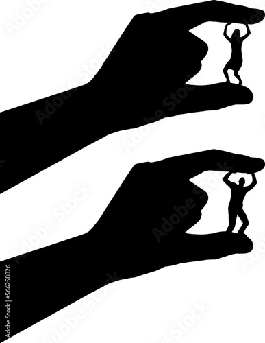 Silhouette of a hand holds between the fingers a woman who squirts. Bullying and inequality concept.