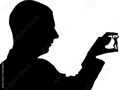 Big man holds a man between his fingers. Vector silhouette. Bullying concept
