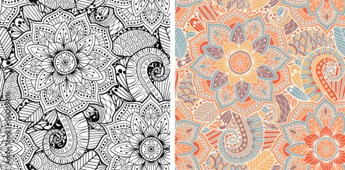 Hand Drawn Mandala and Floral decorative elements, Coloured and Black and White Vector Seamless pattern For fabrics, clothing, decoration, home decor, cards and templates, wrapping paper, kids prints.