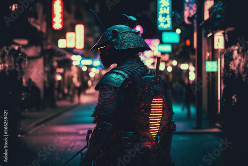 Standing dark samurai on the street with blurred neon lights, Generative AI