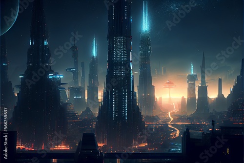Night view on a futuristic city. Generative AI © Pixel Matrix