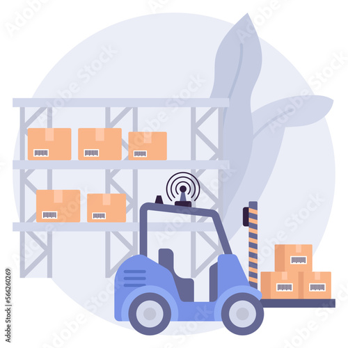 Robotic Vehicle deploying the load vector icon design, Warehouse automation symbol, Industrial revolution sign, Shipping and Logistics stock illustration, driverless forklift loading boxes concept