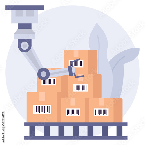 Robotic Arm maneuver the items vector icon design, Warehouse automation symbol, Industrial revolution sign, Shipping and Logistics stock illustration, Automated storage and retrieval concept