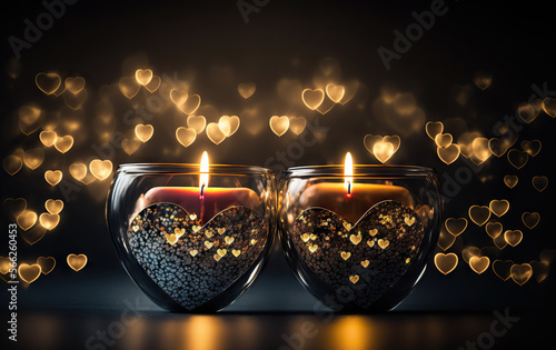 Beautiful candles burning on dark background. Perfect for romantic love concept. Lots of copy space. Based on Generative AI photo