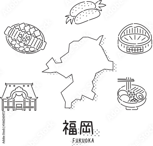 日本の福岡県のグルメ観光アイコンセット（線画白黒）