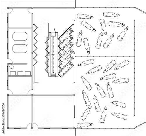 Vector illustration sketch of simple wooden cowshed farm floor plan top view