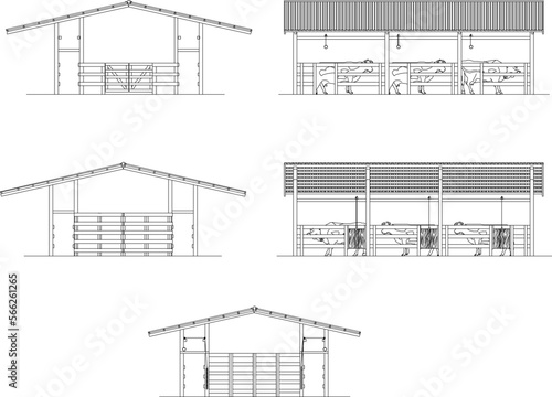 Vector illustration sketch of wooden cowshed for rural farm