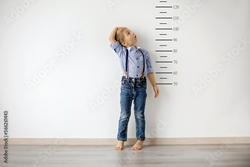 Little child, boy, measuring height against wall in room