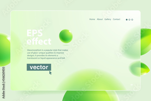 Eco friendly template in glassmorphism style. Matte glass screen with blurred floating green leaves and spheres.
