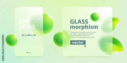 Cards screens in glassmorphism effect. Eco friendly template. Matte glass with blurred floating green leaves and spheres.