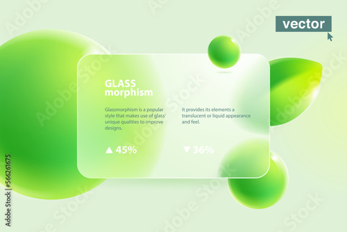 Eco friendly template in glassmorphism style. Matte glass screen with blurred floating green leaves and spheres.