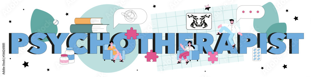 Psychotherapist typographic header. Mental health diagnostic and treatment. Psychotherapist typographic header. Mental health diagnostic and treatment.