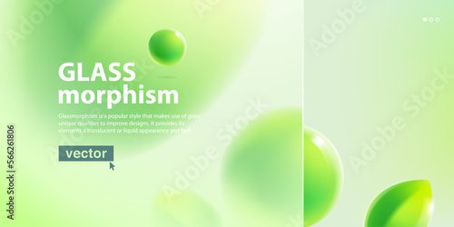 Eco friendly template in glassmorphism style. Matte glass screen with blurred floating green leaves and spheres.