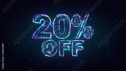 Futuristic Blue Purple Shiny 20 Percent Off Text 3d Lines Effect And Square Dots Particles On Dark Blue Glitter Dust Background