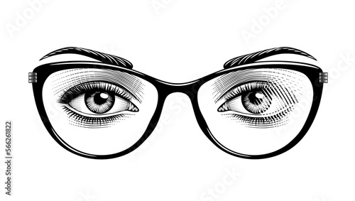 Female eyes with glasses. Vintage engraving stylized drawing. Vector illustration