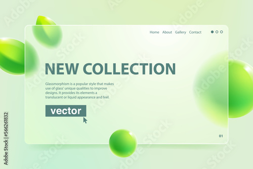 Eco friendly template in glassmorphism style. Matte glass screen with blurred floating green leaves and spheres.