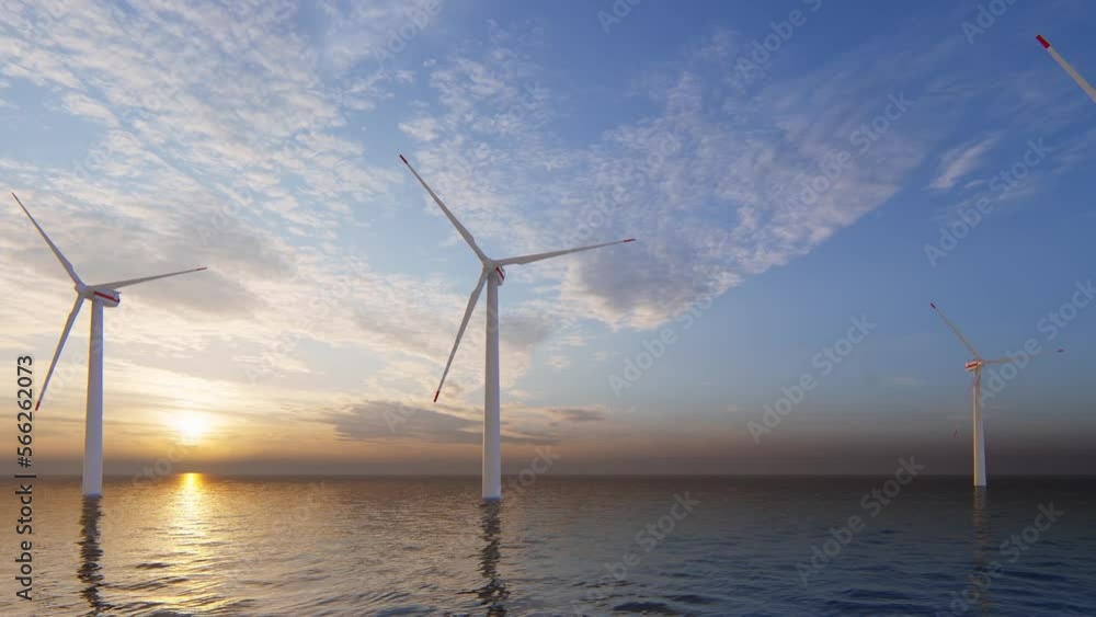 Windmill park. Offshore wind turbines farm on the ocean. Sustainable energy production. Green Energy, clean power, clean energy concept. Windmill park. Offshore wind turbines farm on the ocean. Sustainable energy production. Green Energy, clean power, clean energy concept.