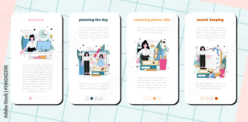 Secretary mobile application banner set. Receptionist answering