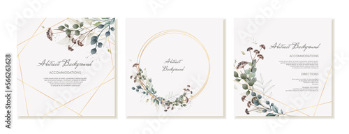 A set of square, rustic social media background templates with green leaves. Vector