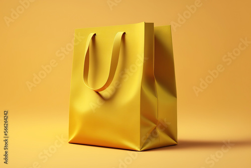 A yellow fabric shopping bag without logo on surface, isolated place on pastel yellow background. Generative Ai image.