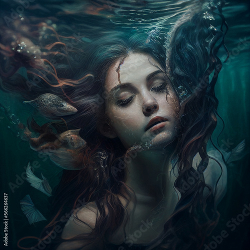 Mermaid Woman Underwater Water Spirit Siren Brown Hair Folklore Mythological Beauty Fantasy Creature Generative AI Tools Technology illustration