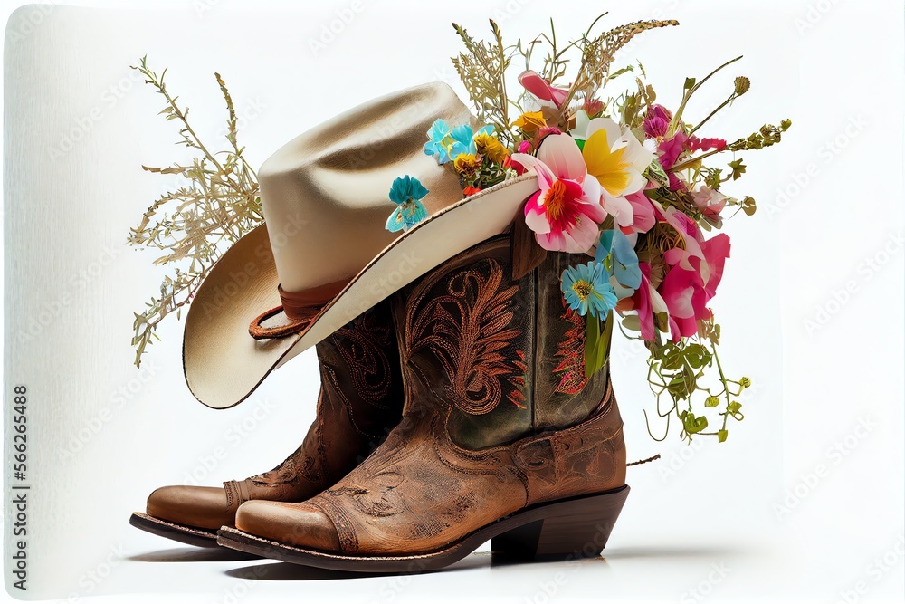 cowboy boots for cowgirl with bouquet of flowers and hat isolated