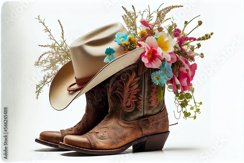 cowboy boots for cowgirl with bouquet of flowers and hat isolated on white. Generative AI photo