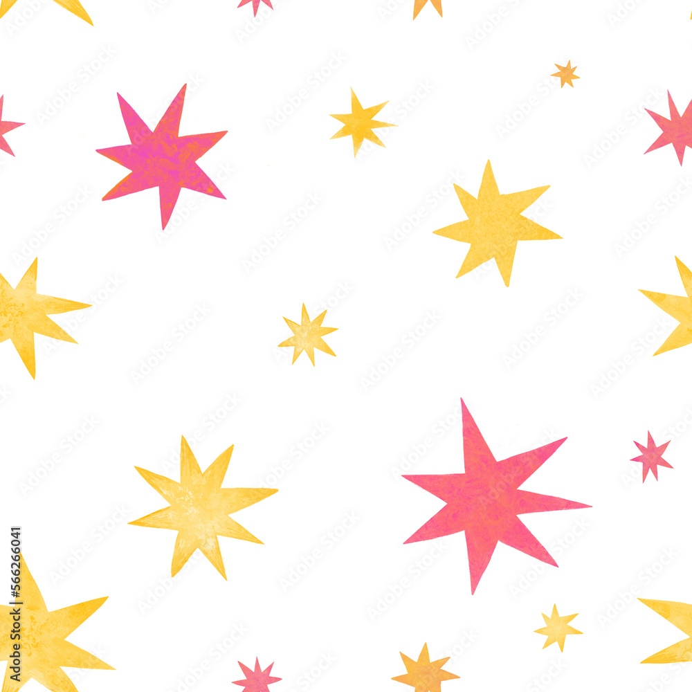 Seamless stars pattern. Golden and pink stars on white background. Bright colores, cute style. For children clothes, fabric, wallpaper, wrapping paper. Space or magic theme. Seamless stars pattern. Golden and pink stars on white background. Bright colores, cute style. For children clothes, fabric, wallpaper, wrapping paper. Space or magic theme.