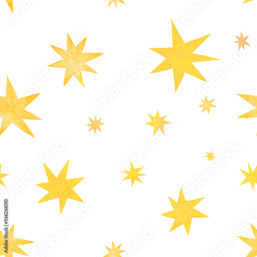 Seamless stars pattern. Golden  stars on white background. Bright colores  cute style. For children clothes  fabric  wallpaper  wrapping paper. Space or magic theme.